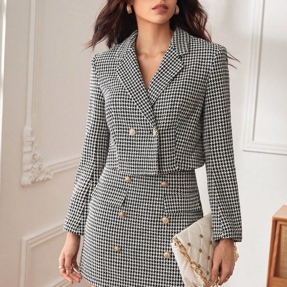 Black and White Casual Womens  Houndstooth Print Double Breasted Blazer - Picture 2 of 5
